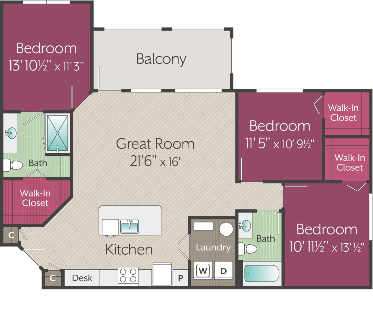 A floor plan of an apartment with two bedrooms and two bathrooms.
