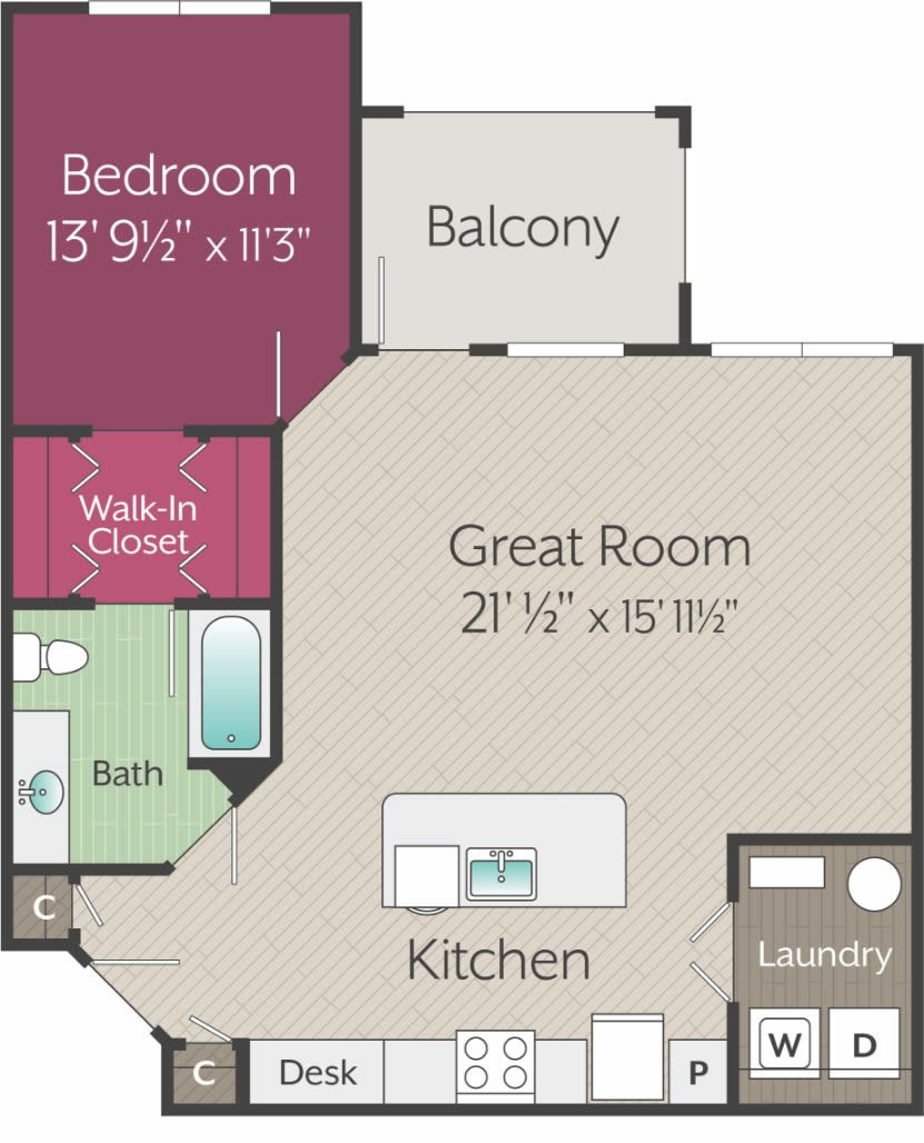 A harmoniously designed floor plan for a one-bedroom apartment.