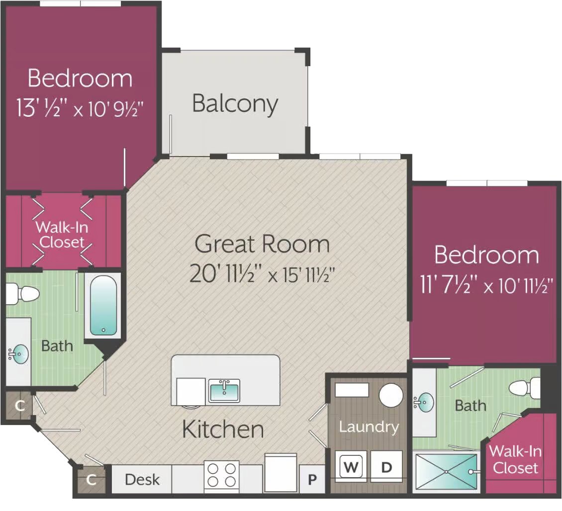 Apartments in Thompson’s Station Floor plan of a two-bedroom, two-bath apartment with a great room, kitchen, balcony, laundry area, two walk-in closets, and a desk. Sanctuary Bluff Apartments in Thompson’s Station