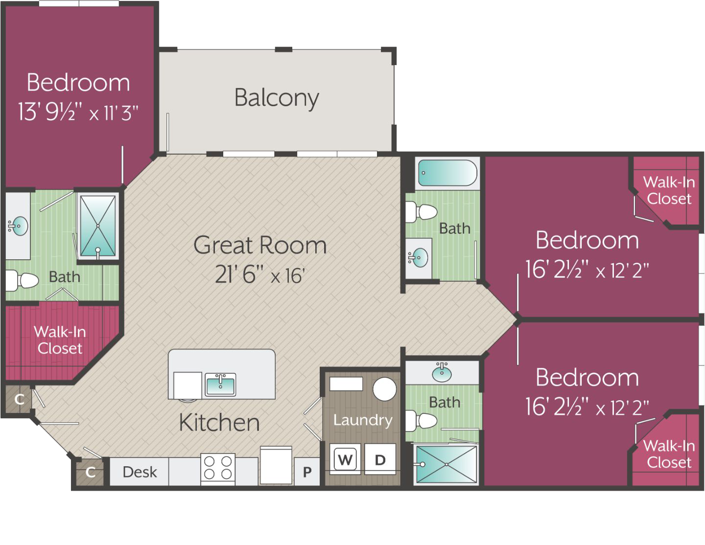 Apartments in Thompson’s Station Floor plan of a three-bedroom apartment with a balcony, three bathrooms, walk-in closets, a kitchen with island, great room, laundry area, and desk nook. Sanctuary Bluff Apartments in Thompson’s Station