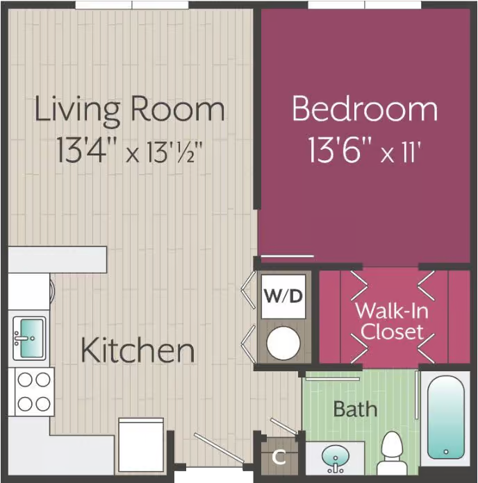 Apartments in Thompson’s Station Floor plan of a one-bedroom apartment showing a living room, kitchen, bedroom, walk-in closet, bath, washer/dryer, and closet, with labeled dimensions for each room. Sanctuary Bluff Apartments in Thompson’s Station