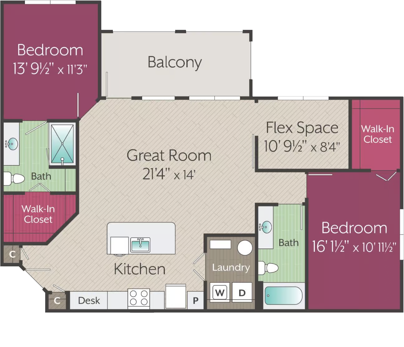 Apartments in Thompson’s Station Floor plan of a two-bedroom, two-bathroom apartment featuring a kitchen, great room, flex space, laundry area, balcony, desk, and multiple walk-in closets. Sanctuary Bluff Apartments in Thompson’s Station