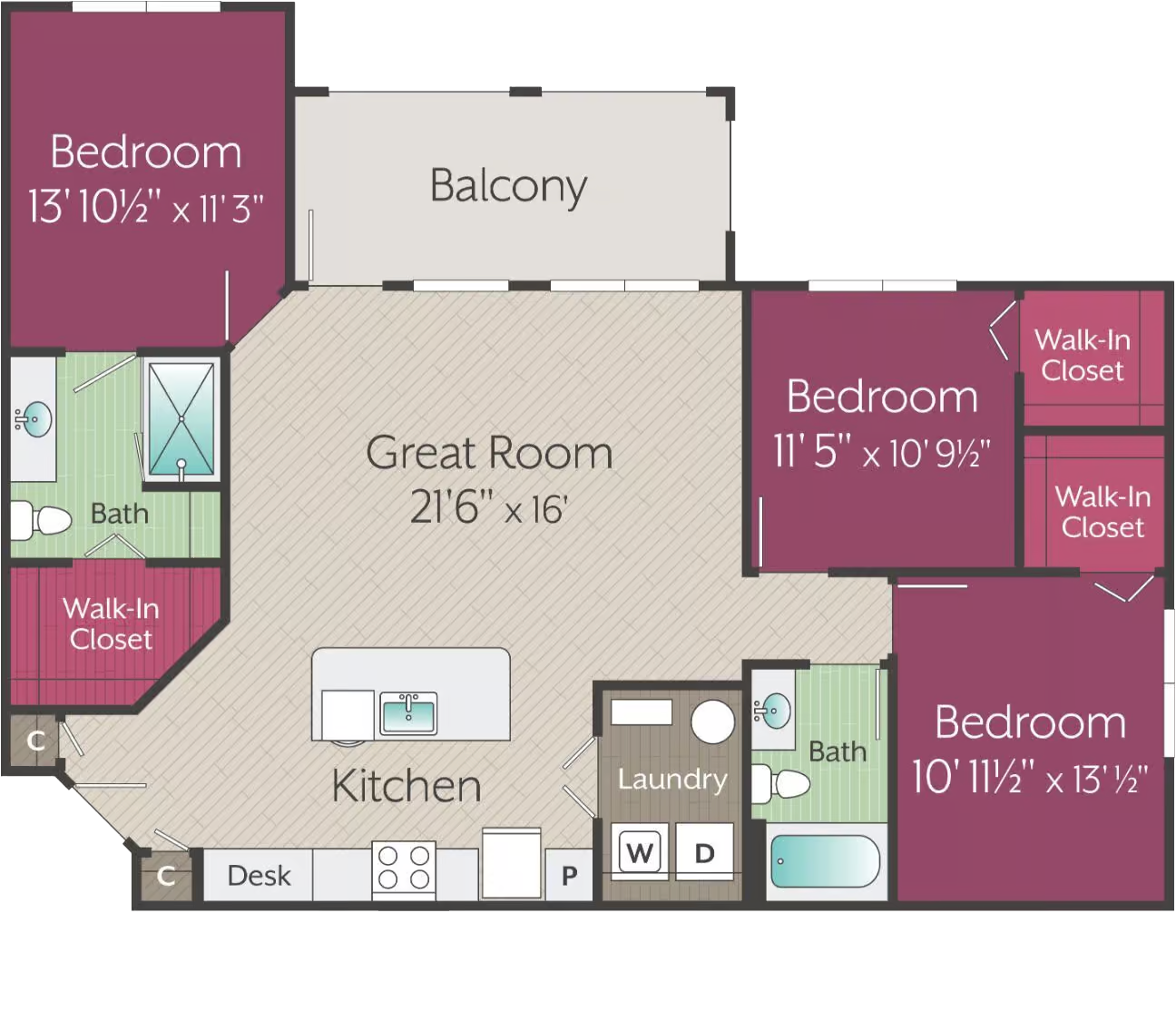 Apartments in Thompson’s Station Floor plan of a three-bedroom, two-bath apartment with a great room, kitchen, laundry, desk area, balcony, and walk-in closets in each bedroom. Sanctuary Bluff Apartments in Thompson’s Station