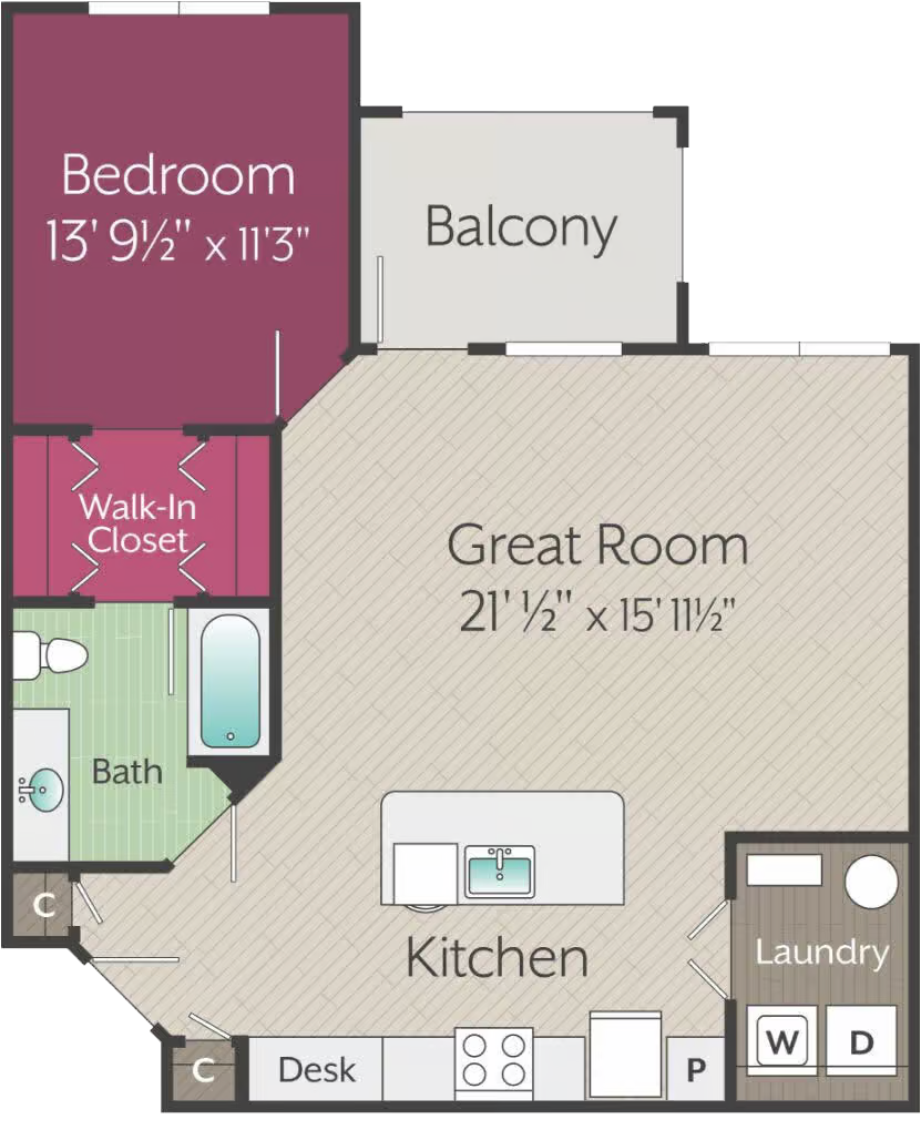 Apartments in Thompson’s Station One-bedroom apartment floor plan featuring a bedroom, walk-in closet, bathroom, kitchen with island, great room, balcony, laundry area, and designated desk space. Sanctuary Bluff Apartments in Thompson’s Station